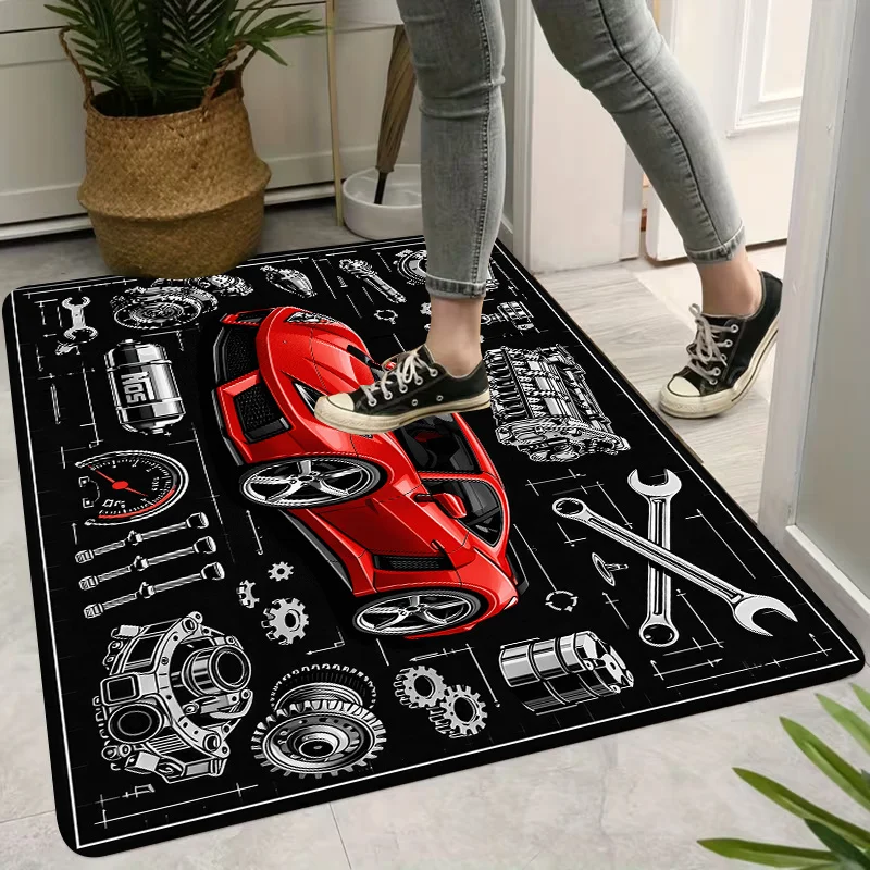 Aesthetic Automotive Engine Gear Tools Garage Mat Rug Industrial Style Floor Carpet Black Car Mechanic Design Polyester