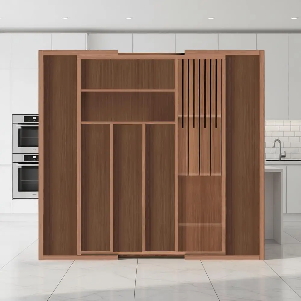 

Раздвижной органайзер для столовых приборов, разделитель для кухонной утвари с съемным блоком для ножей (коричневый)