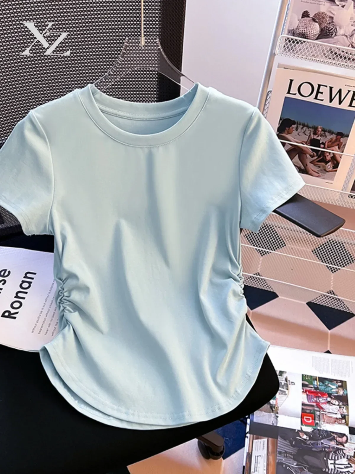 Summer Waist-Cinching round Ne ort Sve T-irt Women's Sle Regular Fit Polyester Blend Comfortable Breathable Top