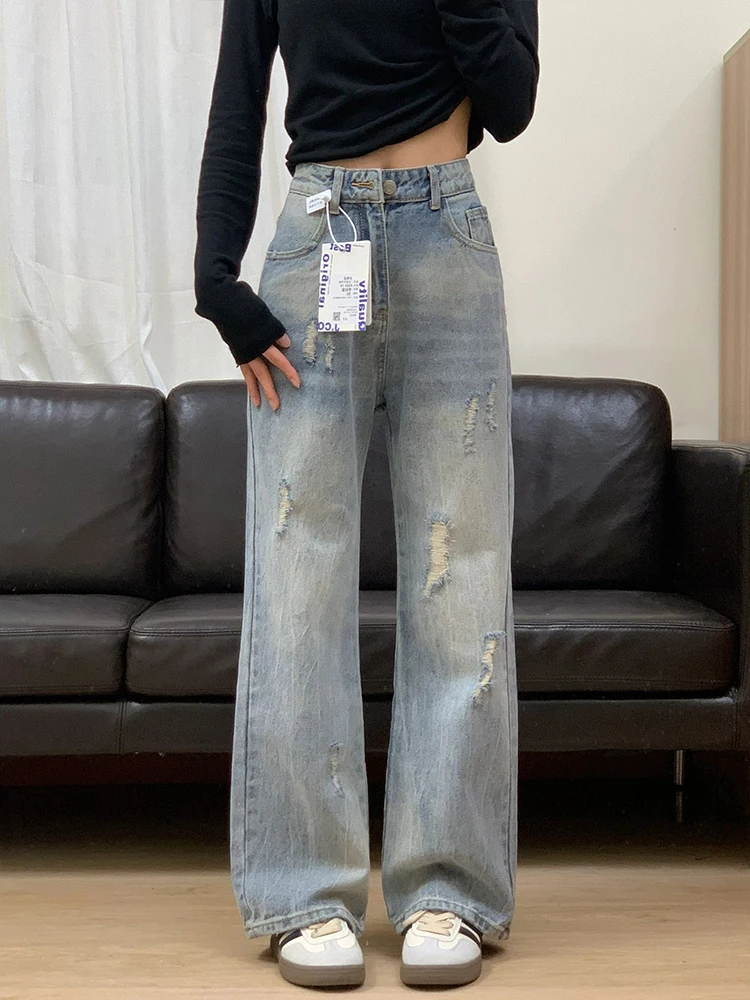 

Женские джинсы больших размеров с эффектом потертости, летние, свободного кроя, широкие штанины, с высокой талией, длинные, из смесового хлопка, повседневные