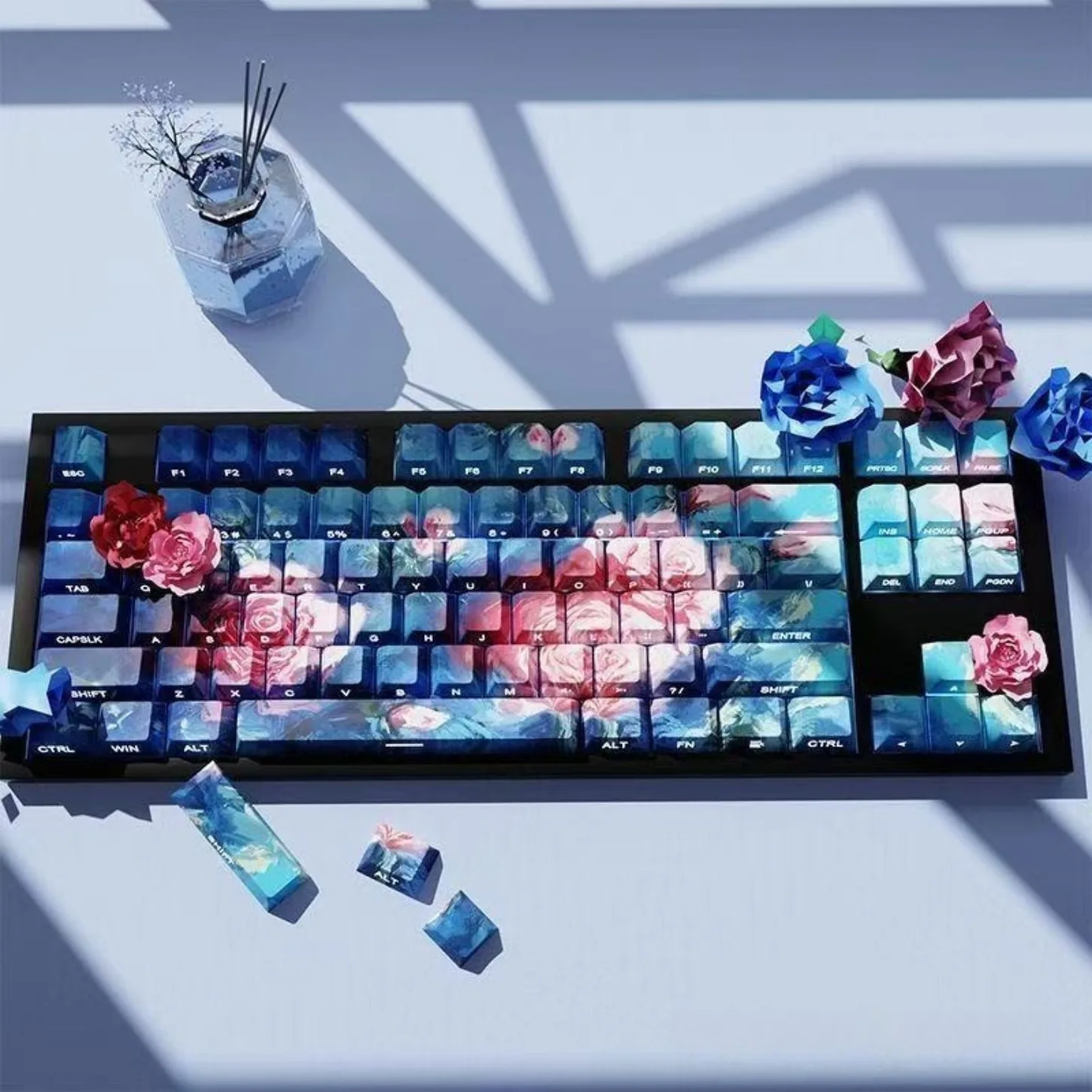 Rose Oil Painting Style Cherry Keycap PBT Side Engraved Translucent Characters