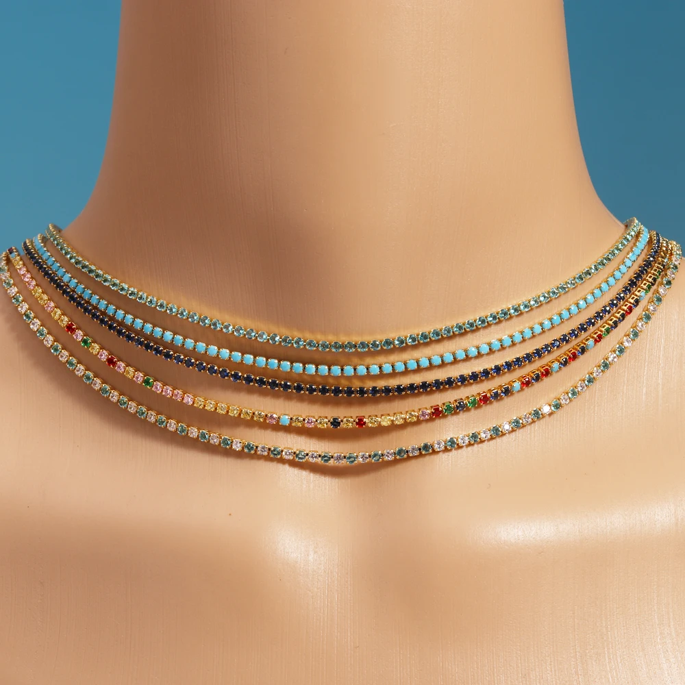 Luxury Tennis Necklace 18K Gold Plated Round Cut 2mm Colorful Zircon CZ Hiphop Party Wedding Pendants For Women Bridal Jewelry