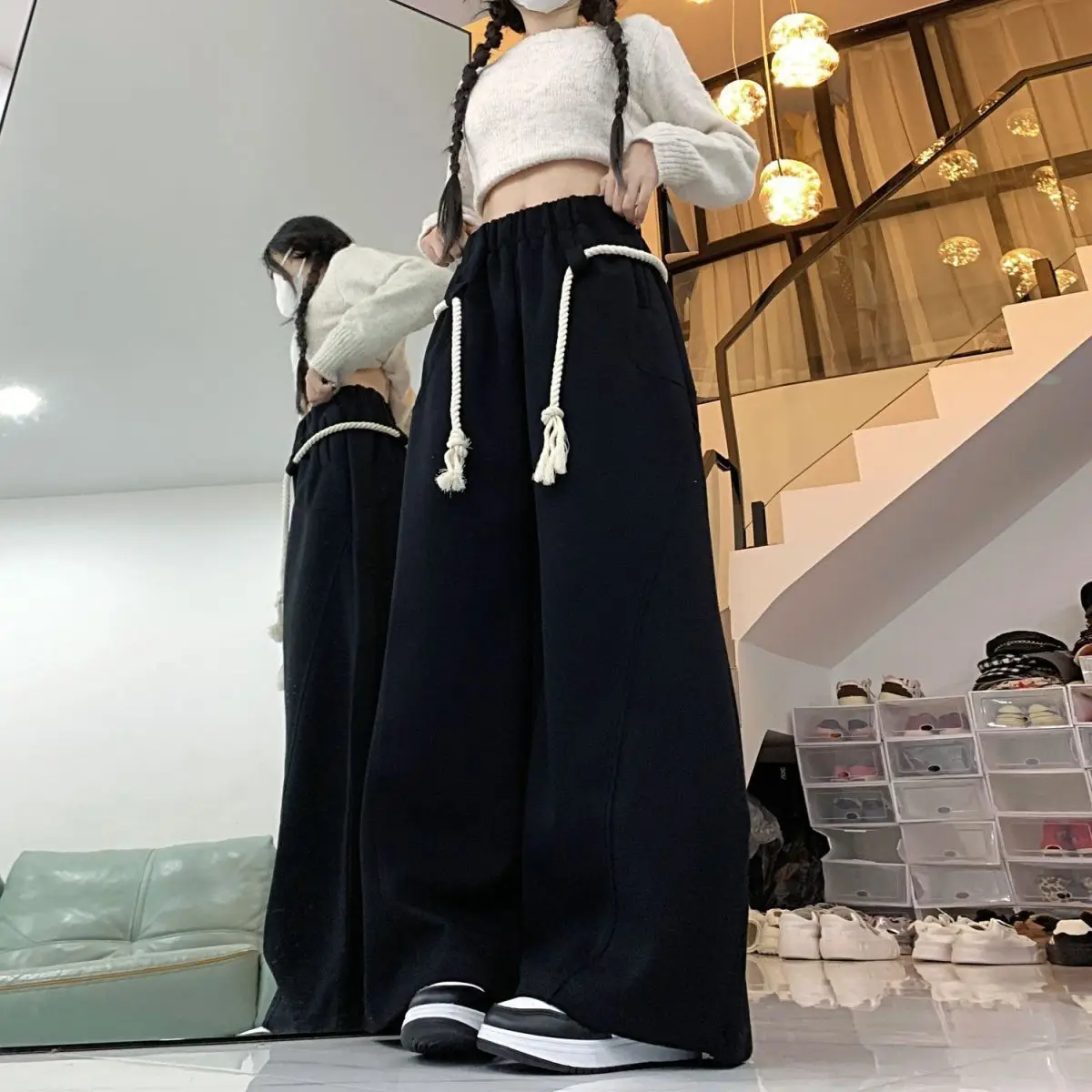 Design Thick Rope Wide-leg Pants Trousers Women 2026 Autumn New Straight Loose Sports Casual Sweatpants Baggy Pants