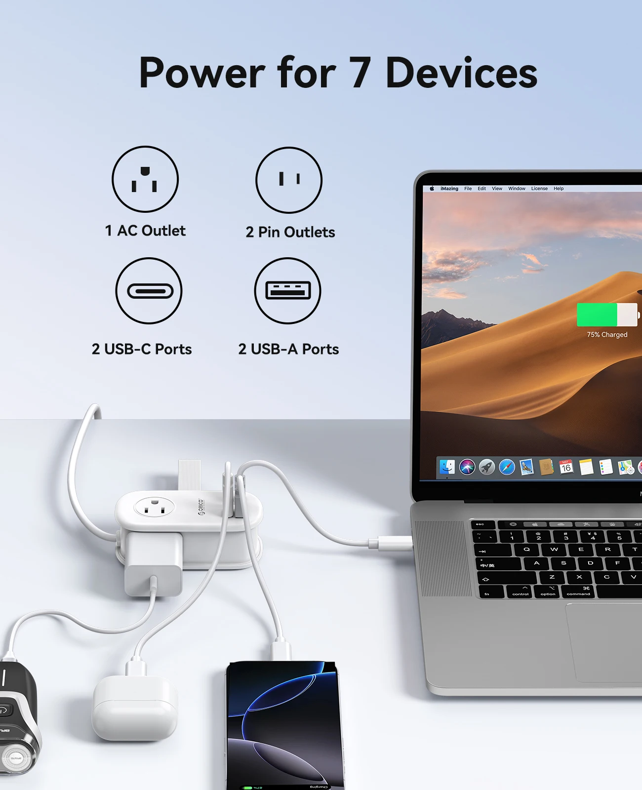 ORICO 65W GaN Travel Power Strip 7-in-1 Portable Charging Station 2USB-C+2USB-A+3AC Outlets Multi Port Fast Charger for Laptop P