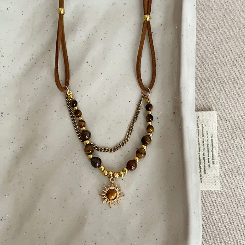 New Brown Stone Pendant Necklace Gothic Stacking Clavicle Chain Beads Double-Layer Sweater Chain Jewelry