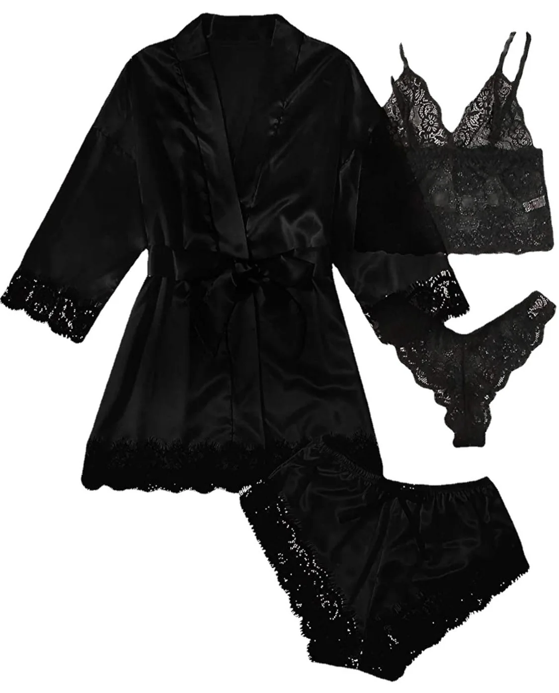 new Women\'s Sleep Lounge New Pajama Sets European American 4-piece set with lace satin suspender summer set for sleeping pajamas