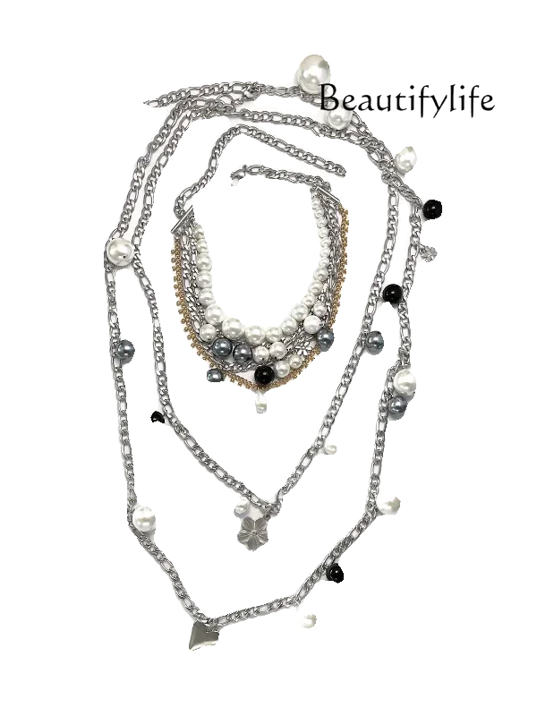 Simple shell pearl necklace set stacked with multi-layer black and white versatile girl collarbone chain