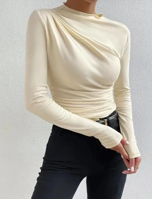 2025 موضة جديدة عادية بلون سليم صالح قاعدة قميص مع تصميم مطوي بأكمام طويلة تي شيرت المرأة البلوز الأعلى