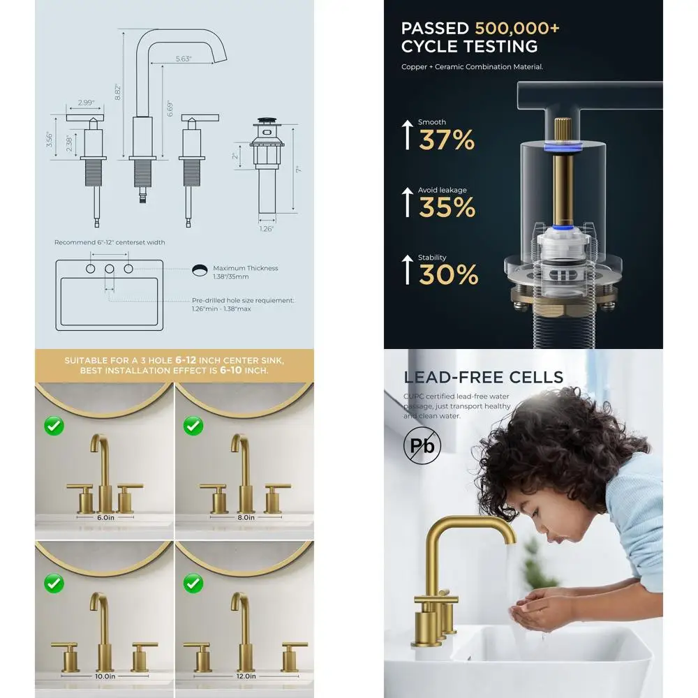 

8-позиционный смеситель для раковины с двумя ручками, матовое золото, поворотный на 360° ° Поворотный излив, верхний слив и шланги для использования в ванных комнатах и автодомах