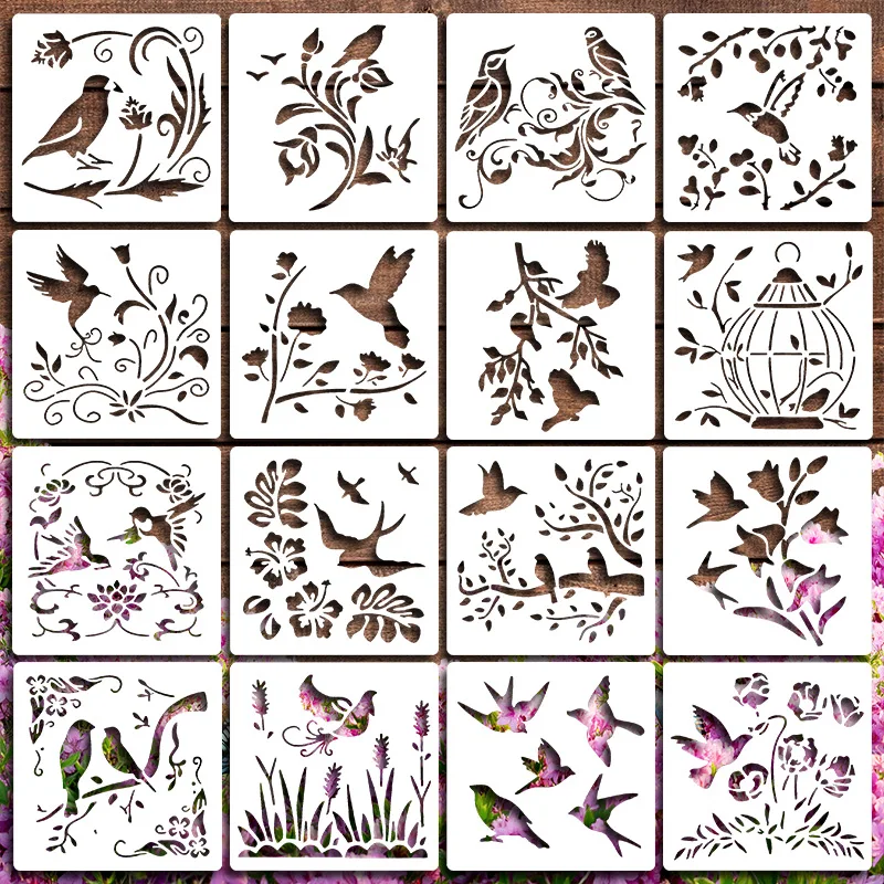 Reusable Templates: 16 Pcs Birds and Flowers Painting Stencils for DIY Art, Home Decoration, Journal & Canvas Projects
