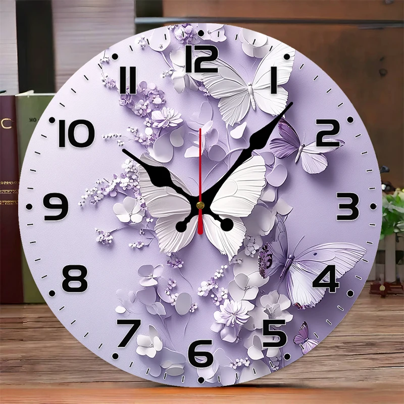 Purple Butterflies Wooden Round Silent Hanging Wall Clock, Suitable For Living Room, Office, Study Room,Bedroom, Home Decoration