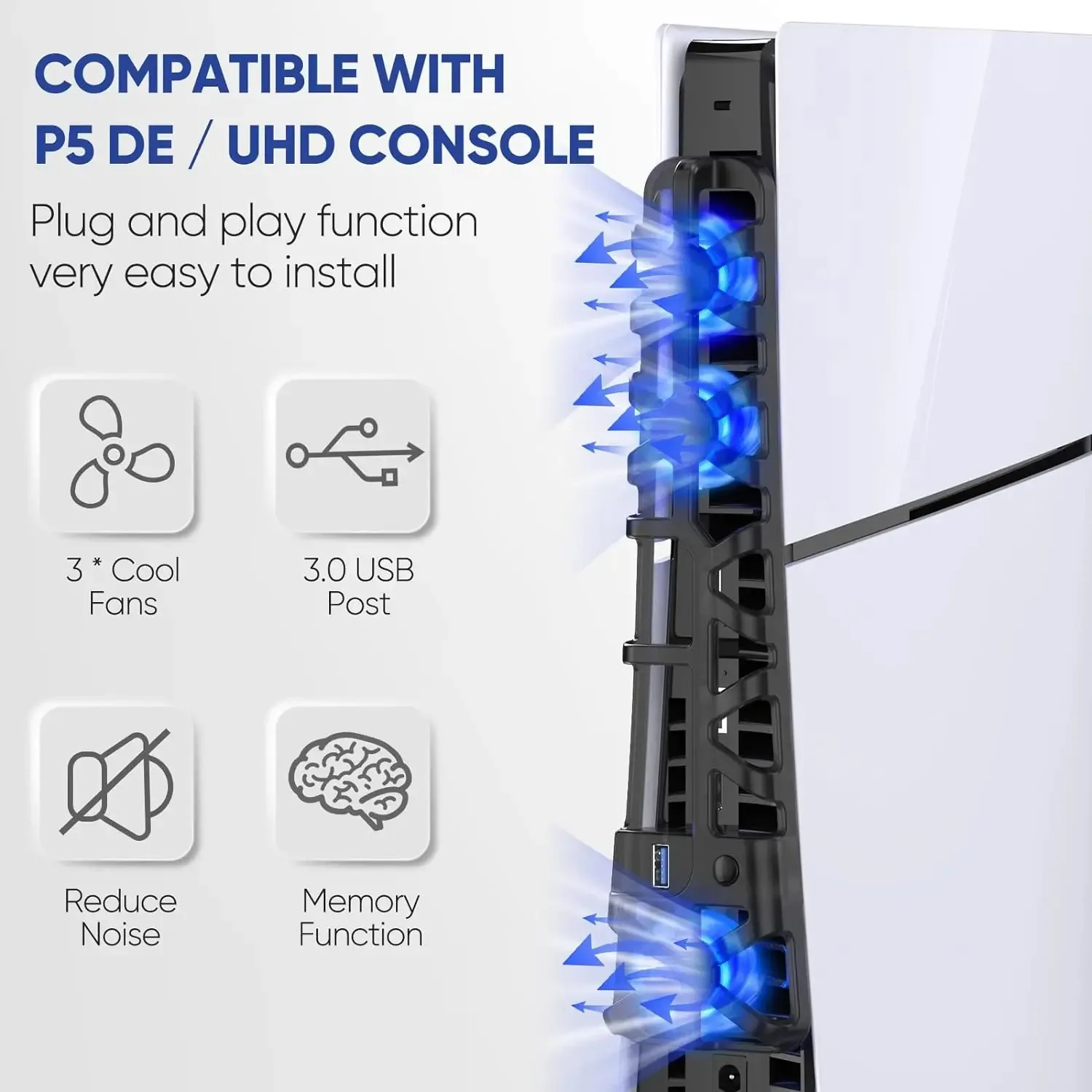 Cooling fan for PS5 Slim disc drive/digital console (with USB 3.0 interface), compatible with PS5 Slim dedicated cooling system.