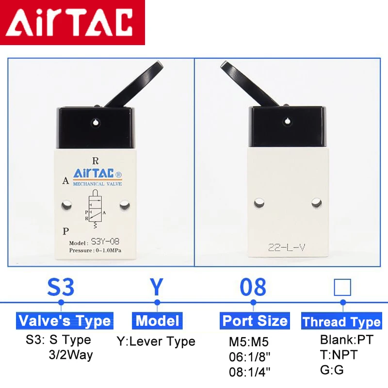 Airtac S3Y-M5 S3Y-06 S3Y-08 Lever Type Control Valve(3/2Way)