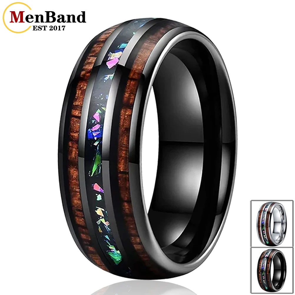 MenBand Fashion 8MM With Multicolor Opal and Koa Wood Inlay Men Women Domed Polished Tungsten Wedding Band Ring Comfort Fit