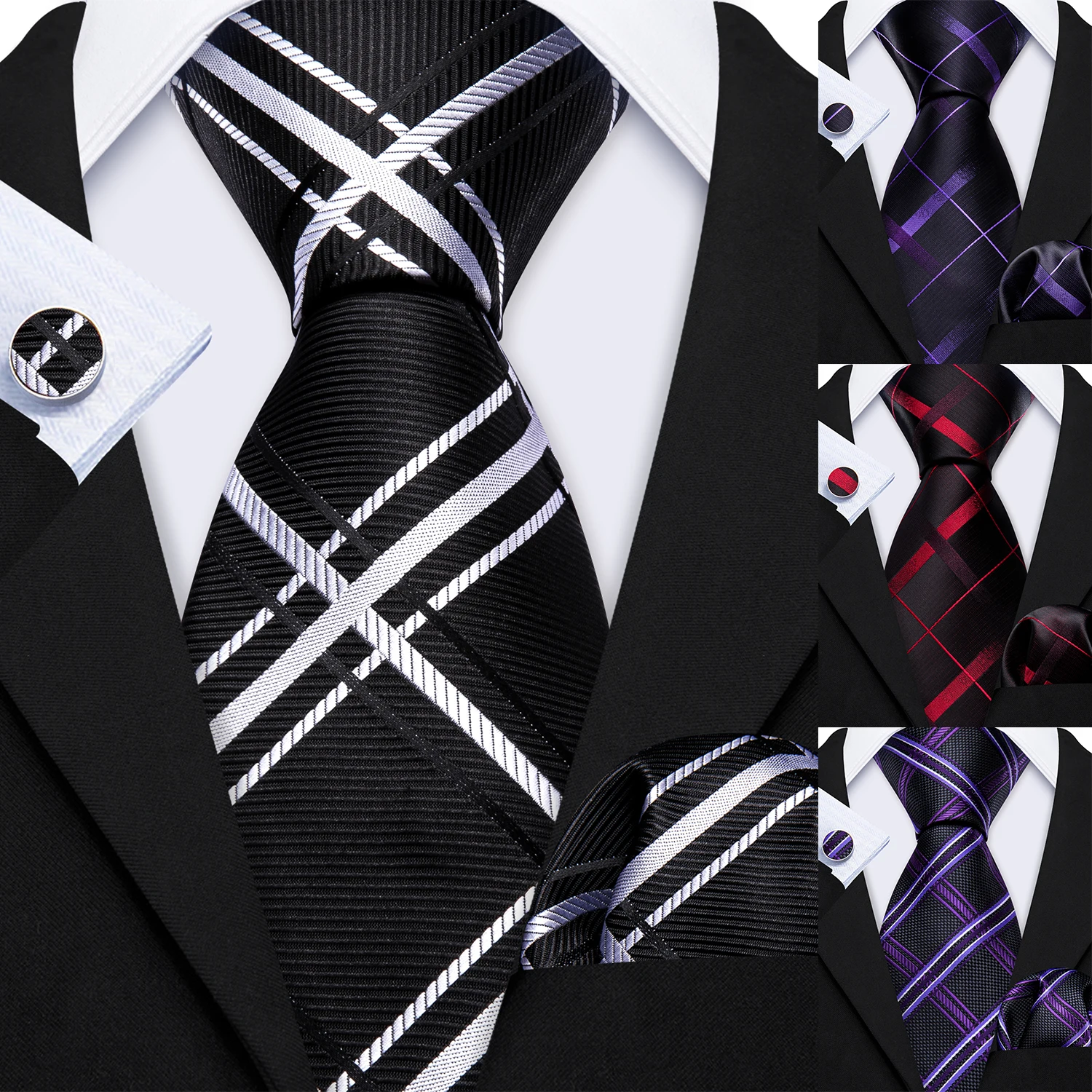 Men's Necktie Set Jacquard Check Plaid Tie Pocket Square Cufflinks Formal Business Party Wedding Dress Blue Purple Red Orange