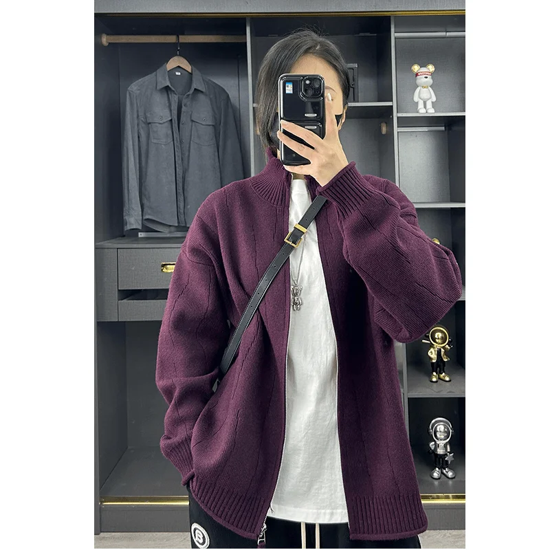 

Вязаный кардиган с воротником-стойкой для мужчин весной, осенью и зимой, новый ленивый стиль, свободный повседневный свитер для улицы.