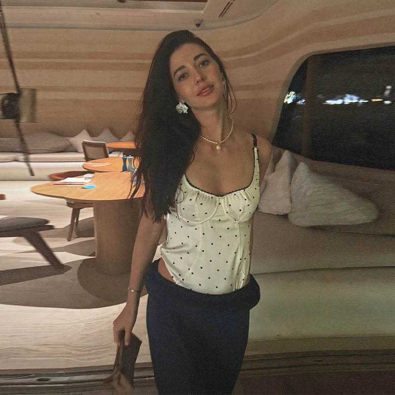 

Chic Satin Polka Dot Jumpsuit For Women Low Neck Slim Fit Halter Lace Strap Tank Vest 2026 New Lady Spring Summer Y2k Streetwear