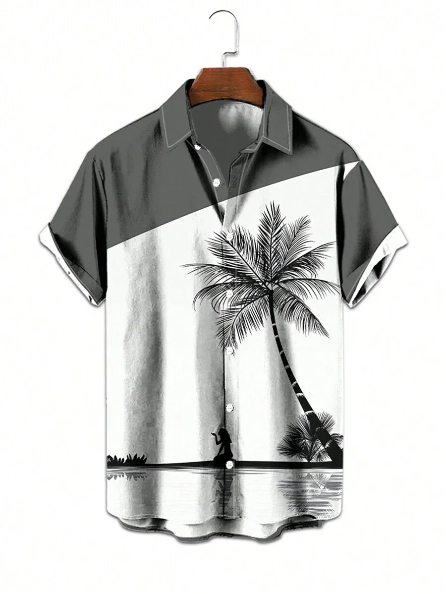 Black And White Design Palm Tree Pattern Print Shirt Fashion Design Men Women Short Sleeve Shirts Button Up Shirts Tops