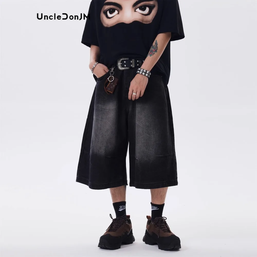 

Washed Gradual Change Denim Shorts Straight Wide-leg Y2k Jeans Hip Hop Calf-length Pants Black