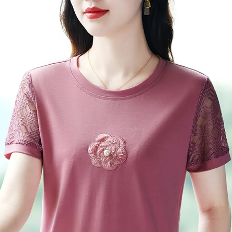 

Shirts for Women Short-sleeved T-shirt with Embroidered Flowers Women T-shirts Summer Tops Women's Kawaii Crop Top