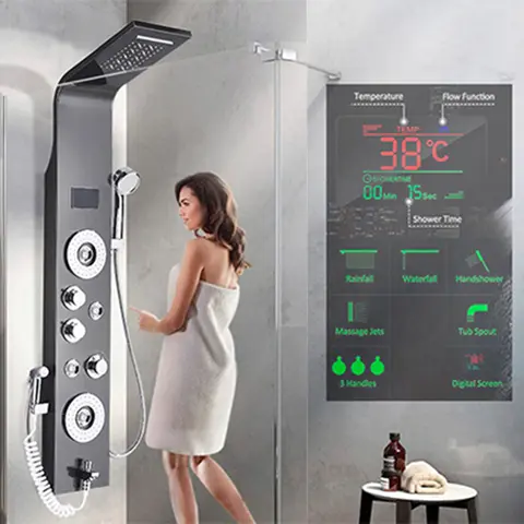 Shower Panel LED Rainfall Waterfall Shower Head Rain Massage System Body Jets & Hand Shower Stainless Steel Bathroom Shower Pane