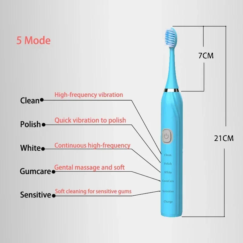 USB 충전기 타이머 충전식 브러시 및 총 청소를 위한 교체 헤드가 포함된 성인용 음파 전동 칫솔 세트
