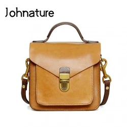 Johnature Vintage Small Messenger Bag 2024 New Genuine Leather Women Luxury Handbag Leisure Versatile Cowhide Shoulder Bags