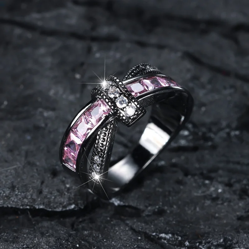 2026 New Vintage Black Gun Cross Ring, European and American Personalized Pink Zirconia Ladder Stone Wrapped Accessory