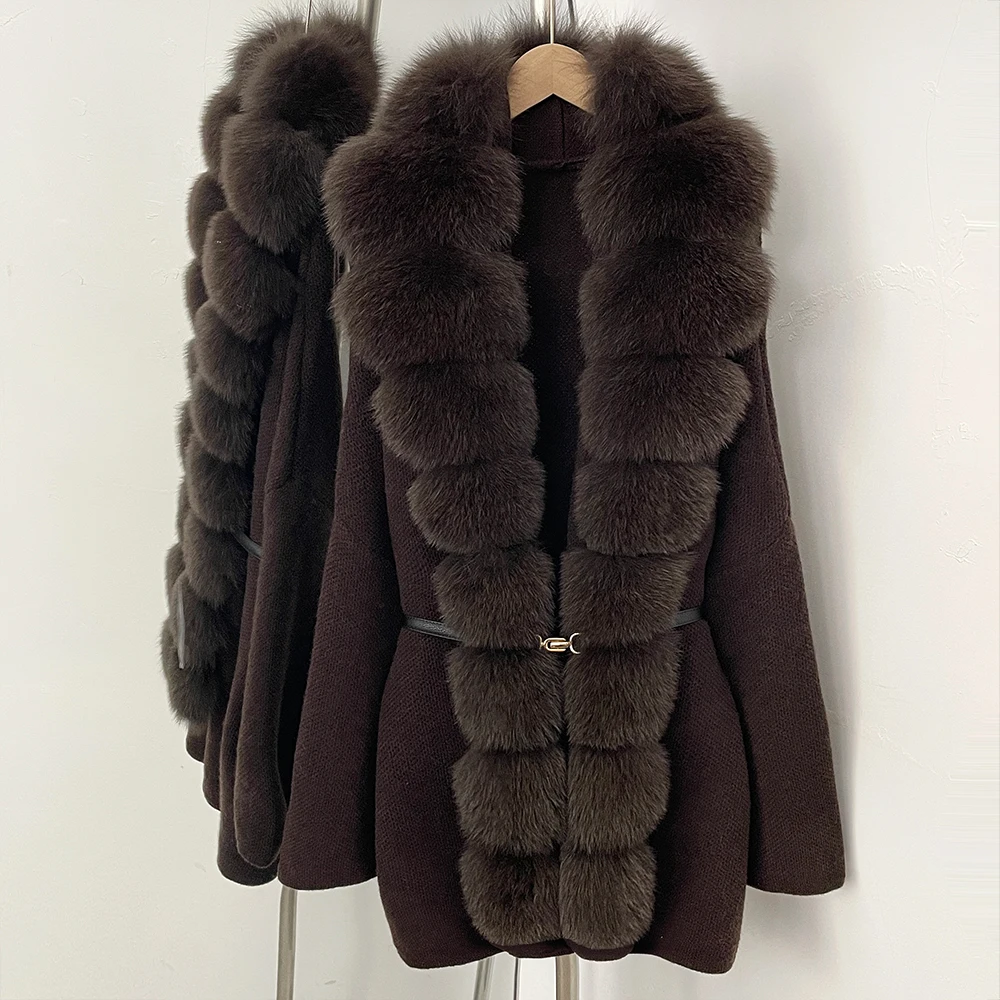 OFTBUY New Women's Knit Coat with Full Real Fox Fur Front Metal Belt Knit Warm Winter Luxury Fashion Outerwear Sweater Cardigan