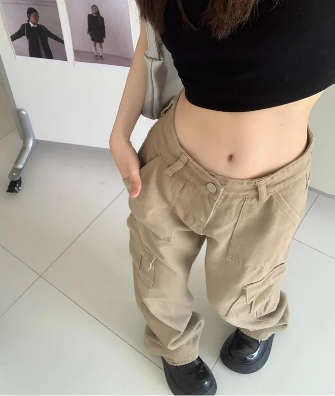 

Khaki Workwear Sle Loose Wide Leg Jeans Women's High Waist Slimming Straight Cut Trousers Autumn Faion High Street Vibe