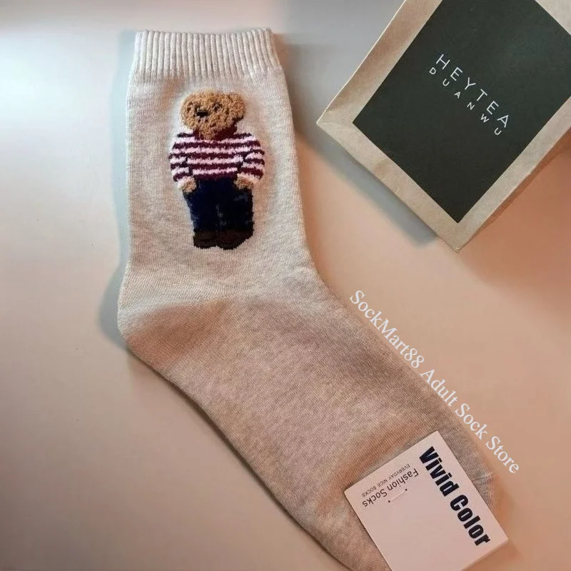New Trendy Cartoon Bear Mid-Calf Cotton Socks for Women Casual Sweater Female Socks Comfortable Long Women Middle tube Socks image 4