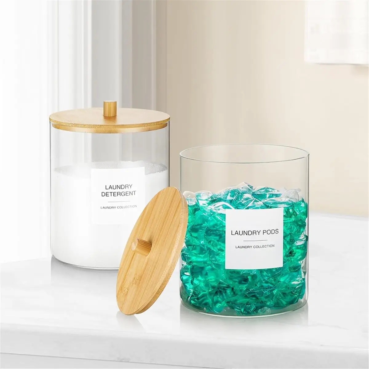 【TODAY-BUY】~@ 2pcs Laundry Room Glass Jars Set with Bamboo Lid, Includes 24 Labels for Organized Detergent Storage