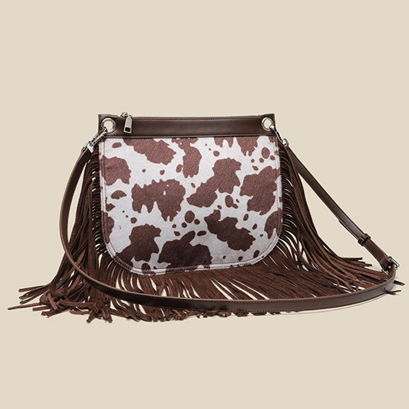 

2025 женская сумка большой вместимости в стиле ретро, модная сумка через плечо из конского волоса с кисточками, простая кожаная сумка через плечо
