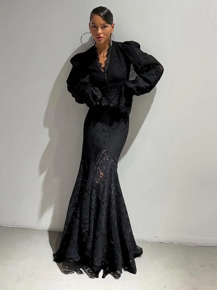 

Женский костюм с юбкой: кружевной топ с V-образным вырезом, расклешенные рукава, приталенный силуэт, элегантный вечерний комплект из двух предметов, весенняя одежда