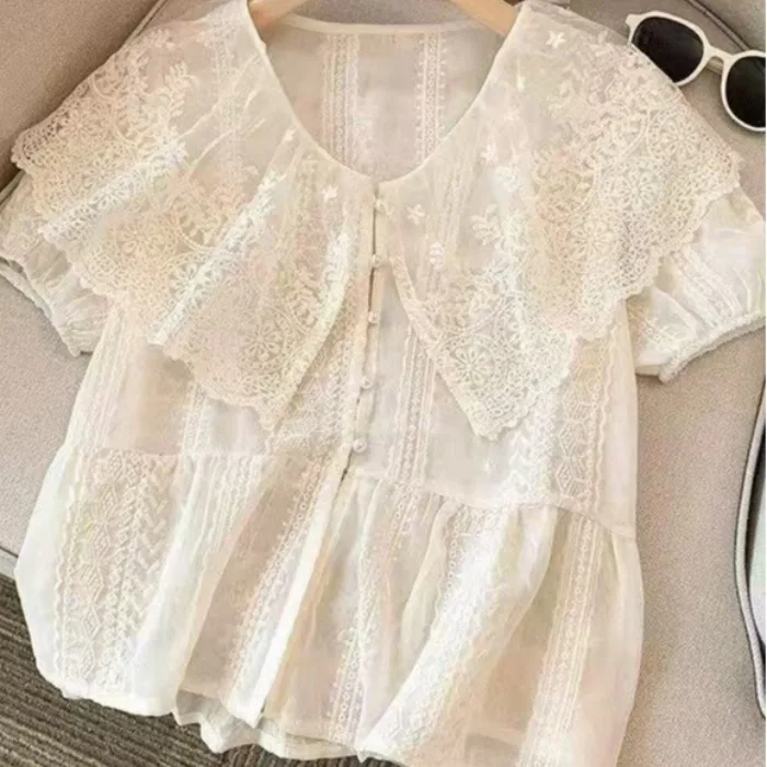 Blusa Elegante de Encaje con Bordado y Cuello de Muñeca, Estilo Patchwork, para Mujer, Verano 2026, Transpirable, Manga Corta...