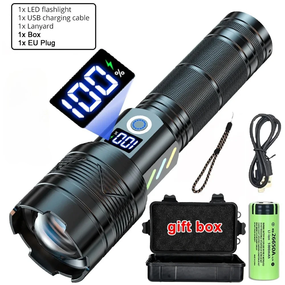Super Bright LED Flashlight Rechargeable Telescopic Zoom Torch with Digital Power Display for Outdoor Camping Emergency Lighting