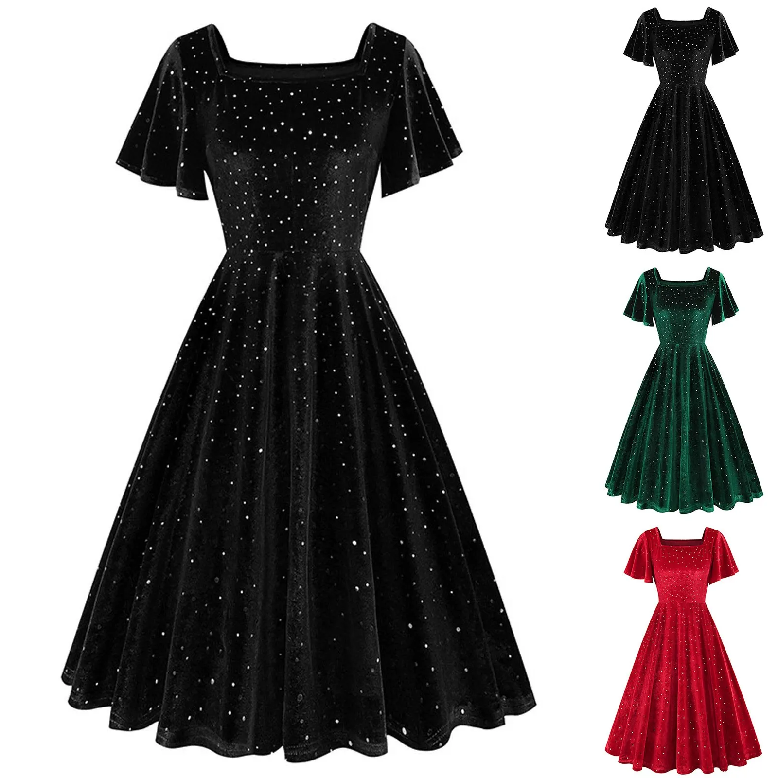 

Vintage Dress Women Summer Elegant Solid Color Short Sleeve Square Collar A-Line Midi Party Sundress 50s 60s Vestidos Plus Size