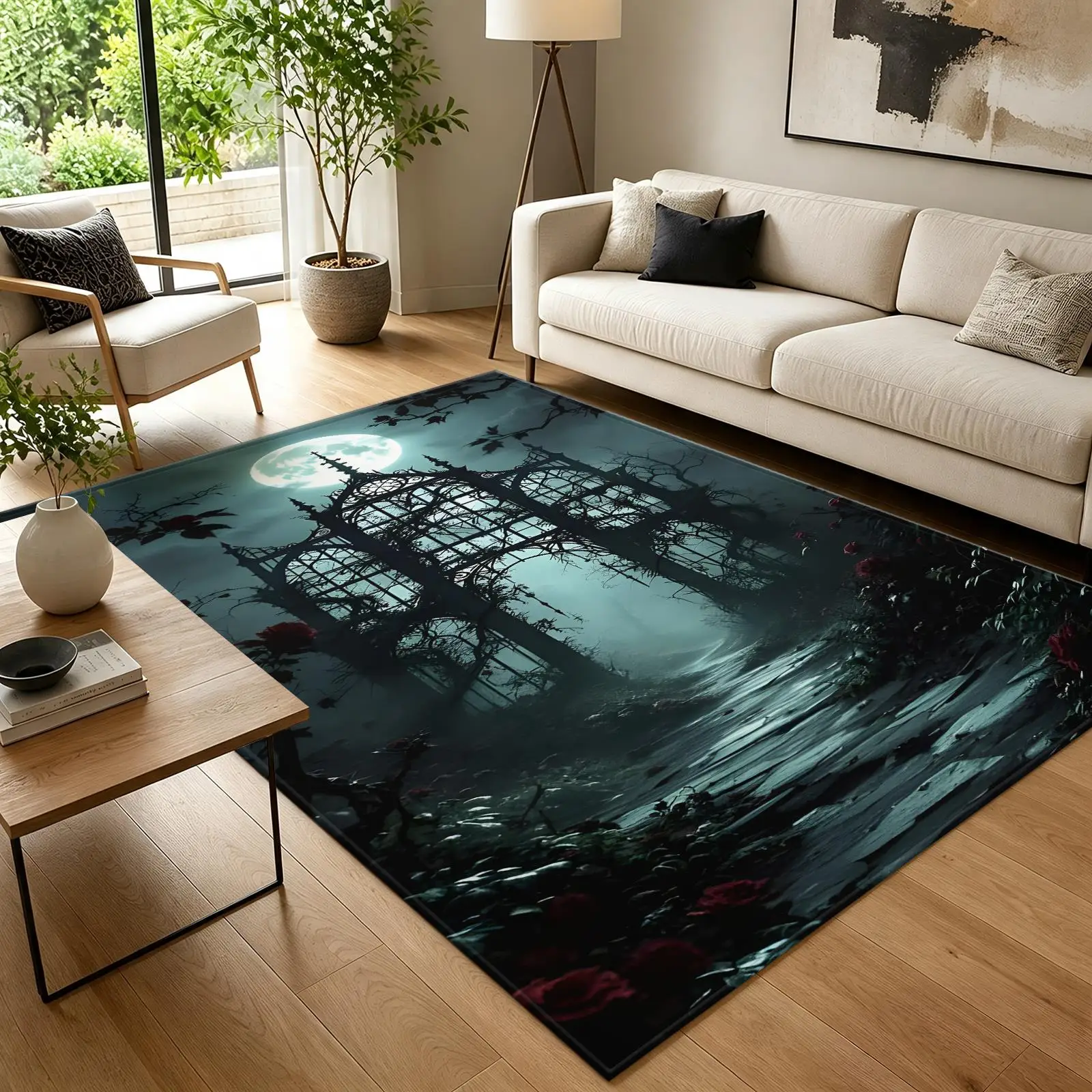 1pc Gothic Moon Rose Abandoned Greenhouse Area Rug, 2D Flat Print, Indoor Floor Mat for Living Room, Dark Home Decor