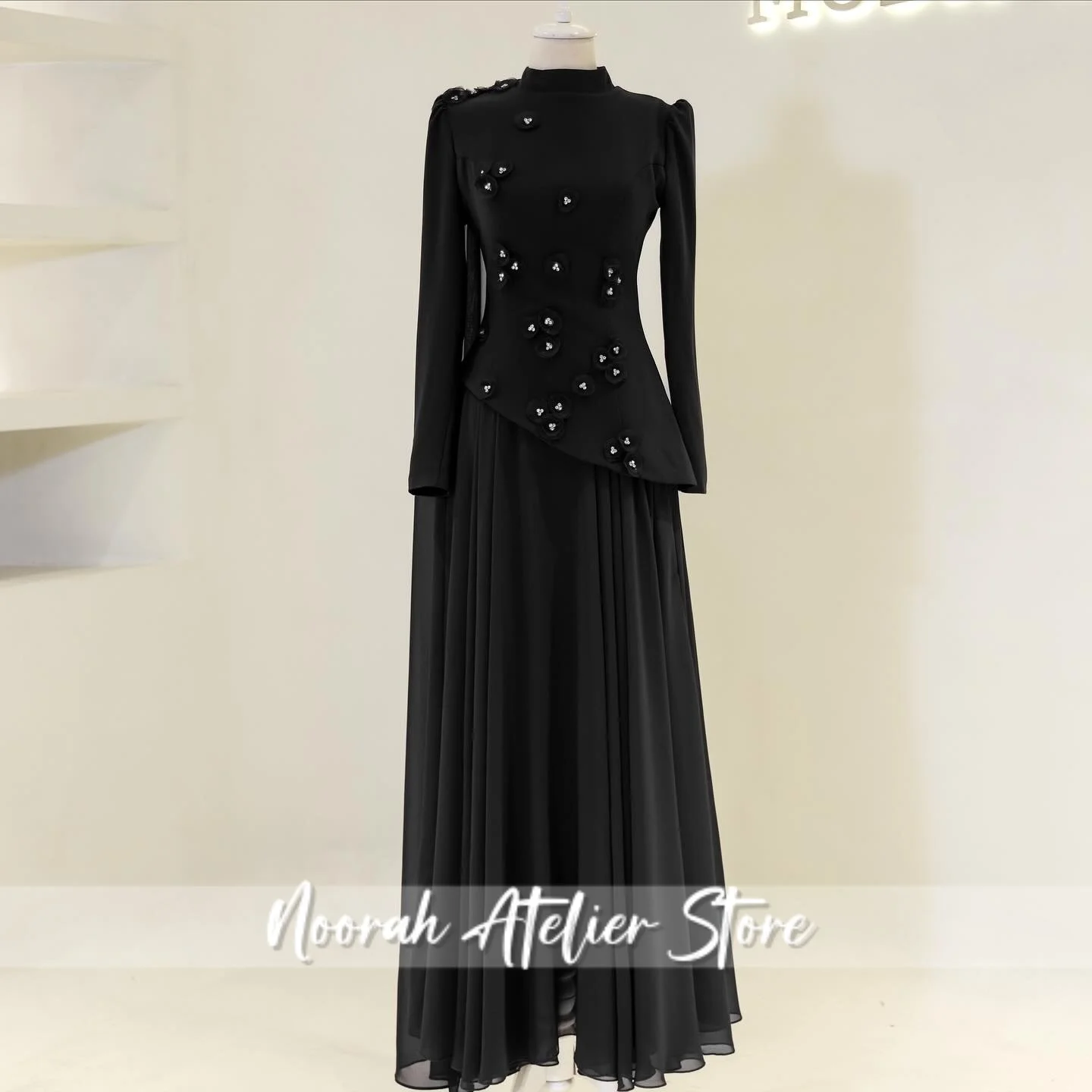 New 3D Flower Bead Elegant Muslim Women's Evening Dress 2025 Dubai Long Sleeves Celebrity Dress Crepe Gown Vestidos Customized