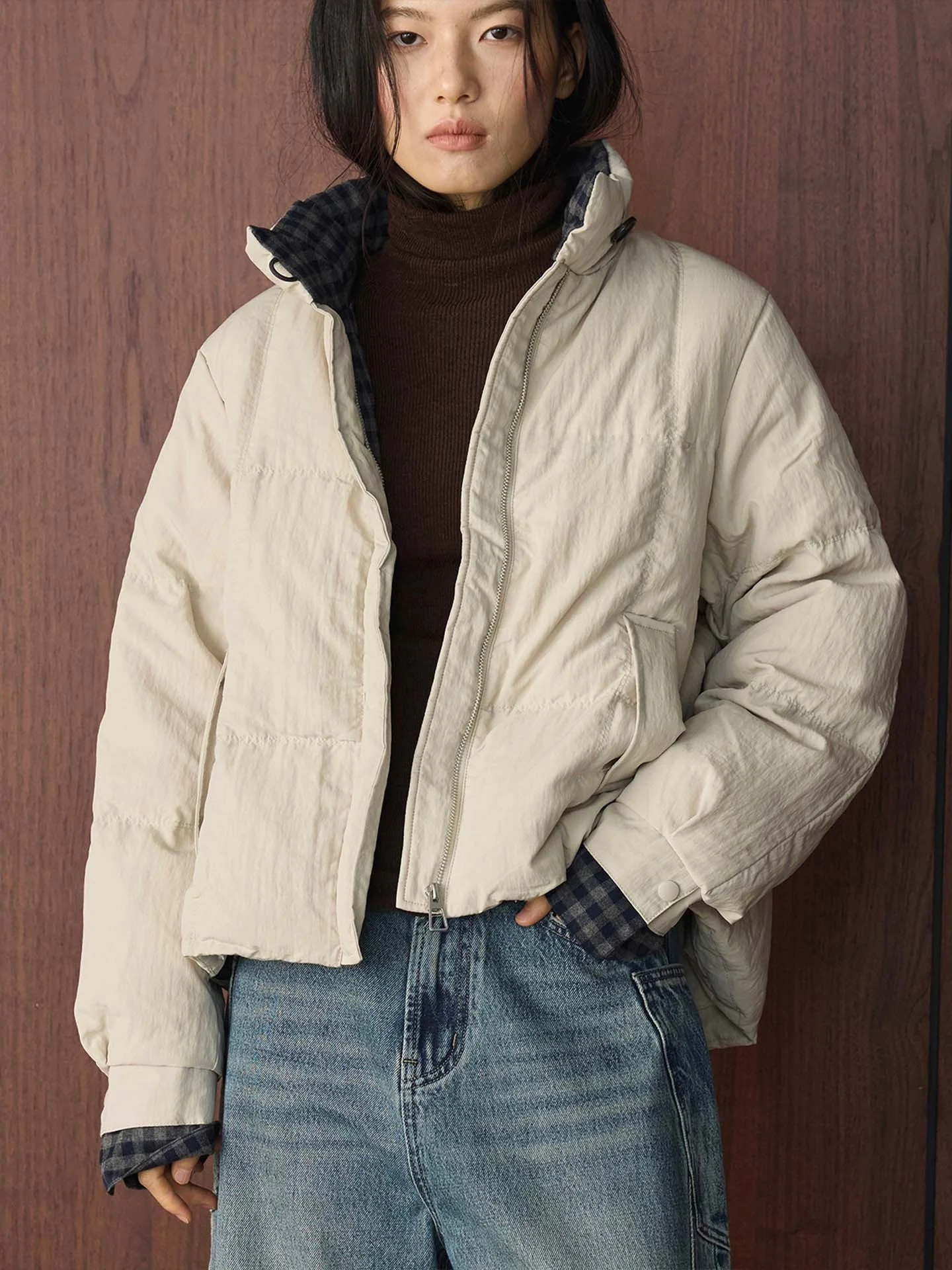 Retro Style Women's Quilted Jacket White Duck down Casual Warm Short Coat Checkered Pattern Contrast Color Leisure Commuting