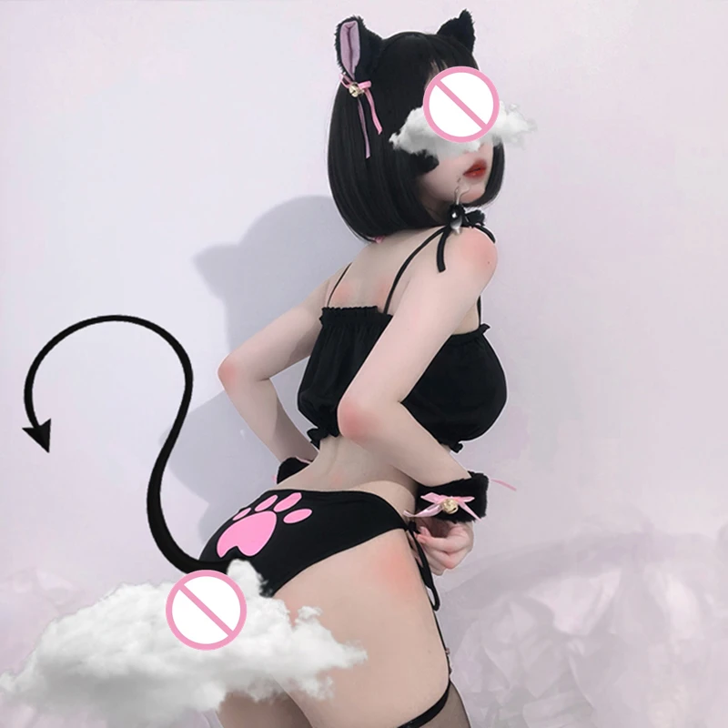 Katze Cat Cosplay baştan çıkarıcı meme aşk iç çamaşırı sahne üniforması üç noktalı kadın Kawaii seksi iç çamaşırı kostüm