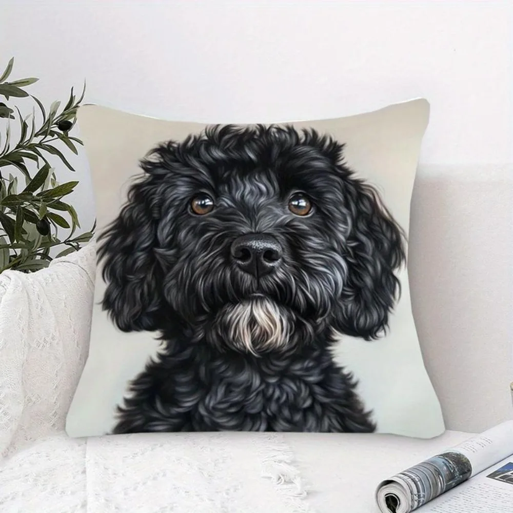 Cute & Playful Black Poodle Head Print Pillowcase ,Zippered Cushion Cover for Sofa, Bed, Car Decor - Machine Washable Polyester