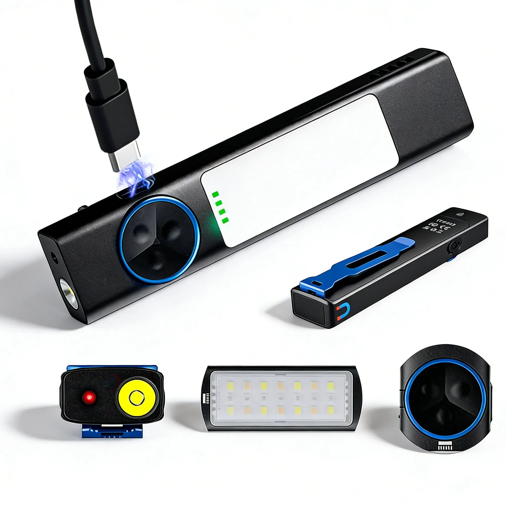 4-in-1 Multi Light Flashlight Independent Switches White/Yellow/Red/UV 365nm 1500LM Magnetic Base USB-C EDC Tactical Torch
