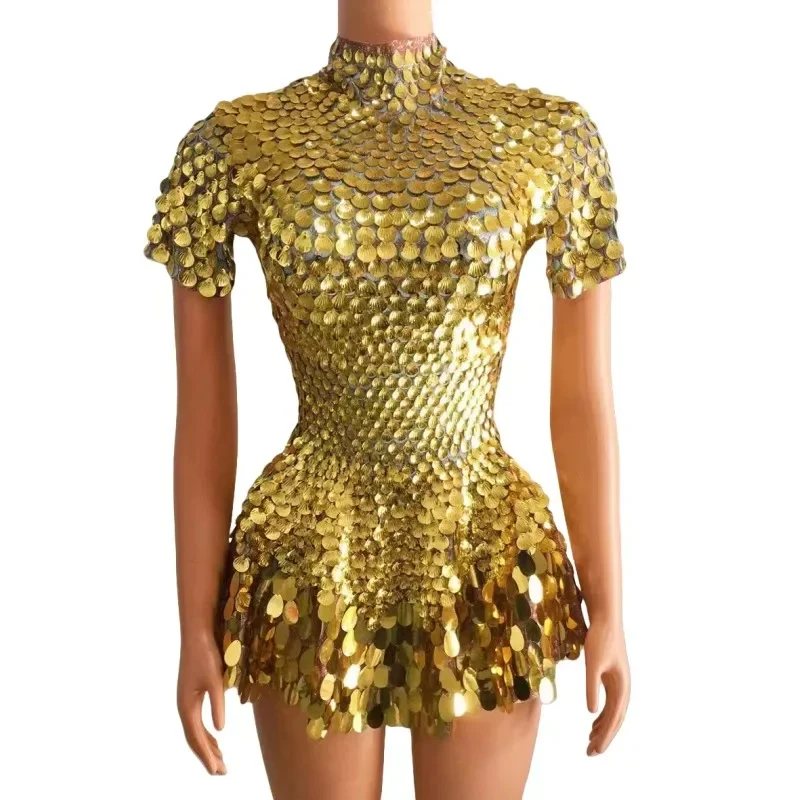 Sexy Mini Short Dress Gold Shell Sequins Nightclub Stage Performance Clothes Birthday Party Club Evening Costume Jazz Dance Team