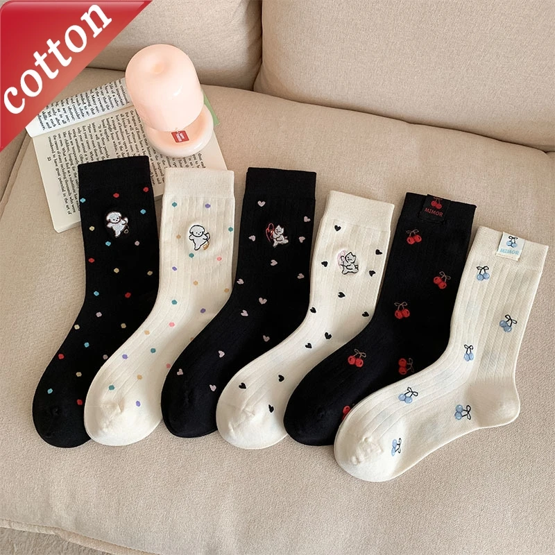 5 Pairs Women's Socks Set Japanese Cartoon Embroidery Kawaii Preppy Style Middle Tube Socks Breathable Cotton Comfortable Socks