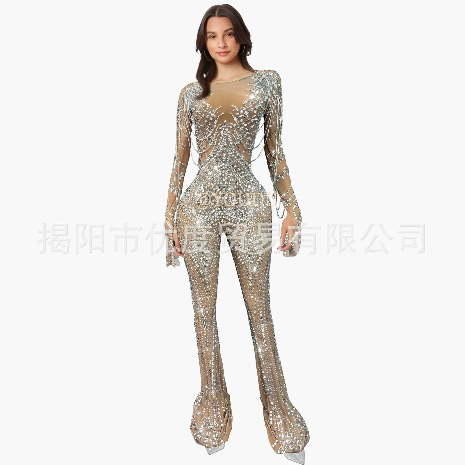 2026 الصناعة الثقيلة حجر الراين متوهج السراويل مثير منظور شبكة الماس سلسلة الأداء دعوى مرحلة الأداء فستان بذلة #3