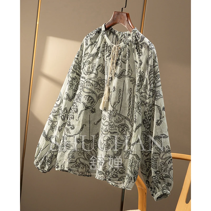 Ethnic Style Print 100 Linen Round Neck Long Sleeve Shirt Women 68C3 Blouses for Women Fashion 2025