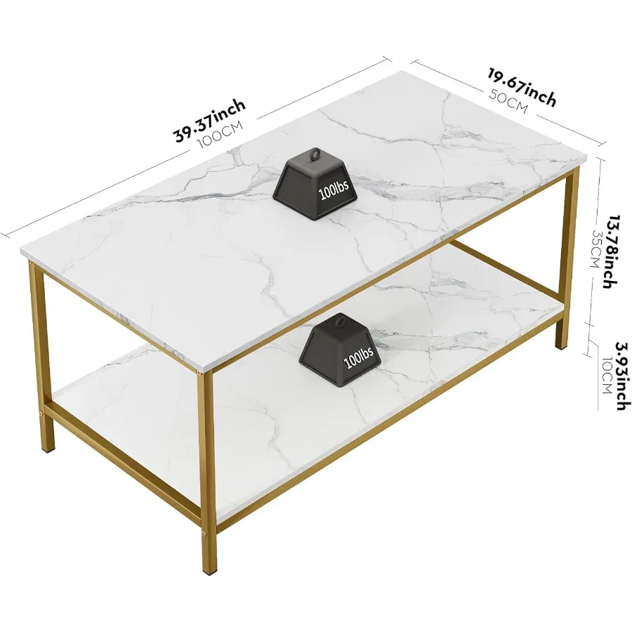 モダンな2段コーヒーテーブル、リビングルーム用、ホワイトゴールド、工業風長方形木製テーブル、大小のスペースに最適