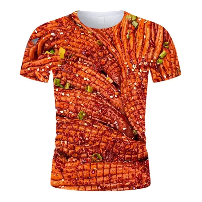 Barbecue Squid Kebab Pattern T Shirt For Men 3D Printed BBQ T-shirt Round Neck Short Sleeve Tee Shirts Tops Street Loose Tshirt
