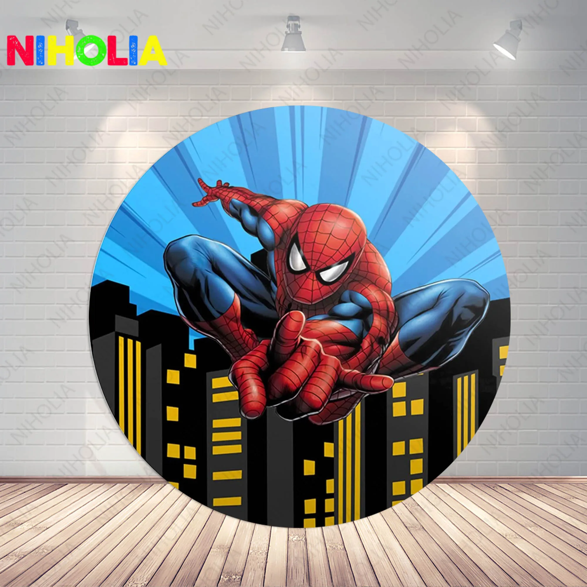 Disney Spiderman Round Backdrop Boys Birthday Party Decoration City Building Background Elastic Cylider Cover Photo Booth Prop